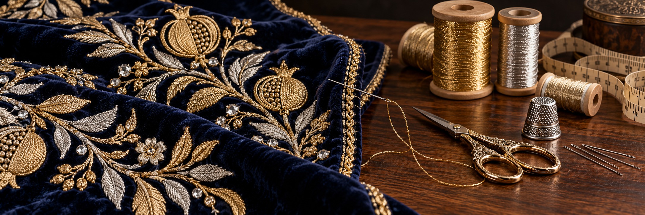 Torah mantle embroidery beside a needle, gold and silver threads and sewing tools