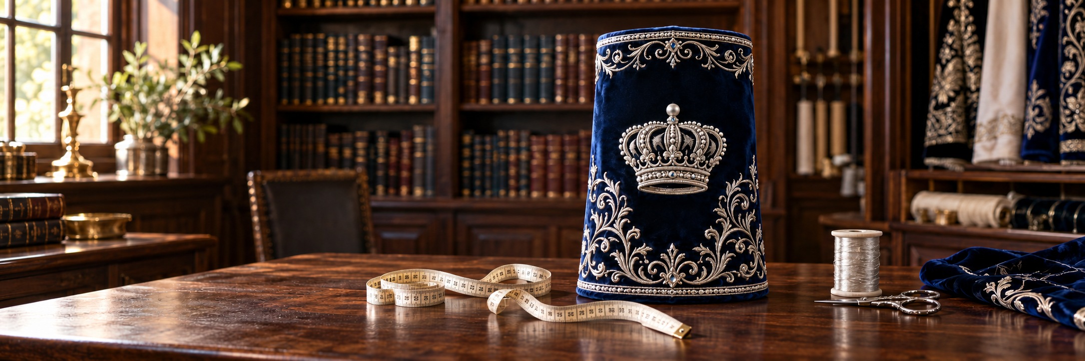 A navy velvet Torah mantle with silver embroidery beside a tailor's measuring tape