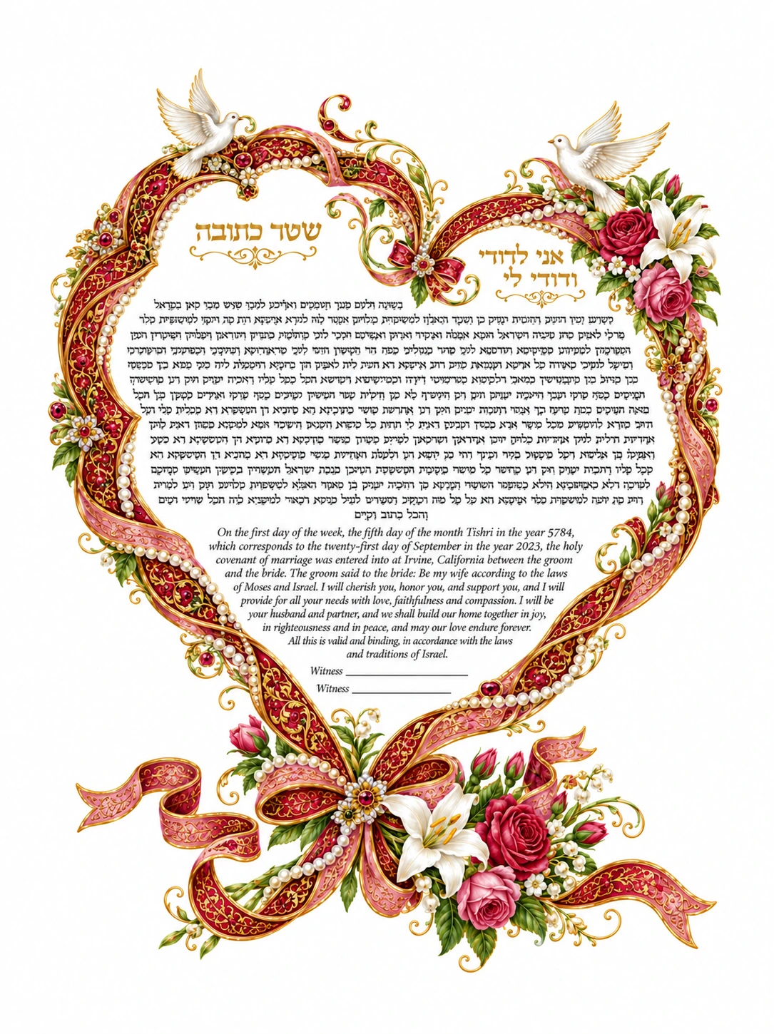 כתובה לב שושנים ויונים