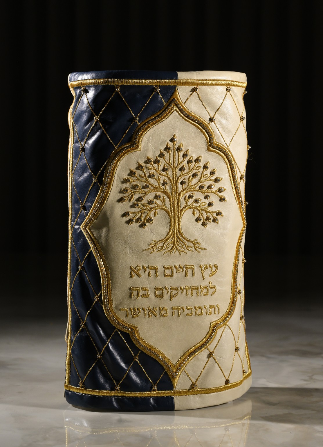 Cream and Blue Torah Mantle with Gold Embroidery